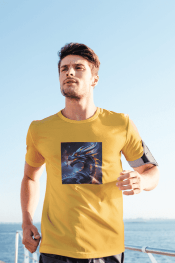 Men’s Athletic Fit Graphic T-Shirt – Cosmic Dragon Print-Sunburst Yellow (Size-L)