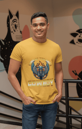 King of the Road Cowboy Graphic T-Shirt - Mustard Yellow (Size-L)