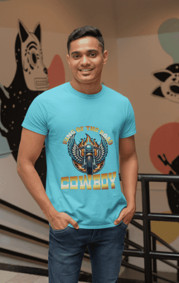 King of the Road Cowboy Graphic T-Shirt - Sky Blue (Size-L)