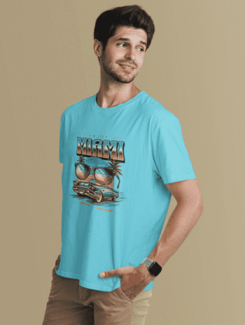 Enjoy Miami Retro Car Graphic T-Shirt – Sky Blue(Size-L)