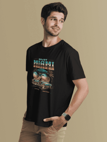 Enjoy Miami Retro Car Graphic T-Shirt – Black(Size-L)