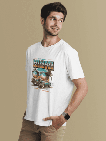 Enjoy Miami Retro Car Graphic T-Shirt – White(Size-L)