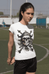 White T-Shirt with Pirate Skull and Crossed Swords Graphic (Size-S)