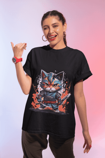 Black Oversized T-Shirt with Samurai Cat Warrior Print (Size-L)