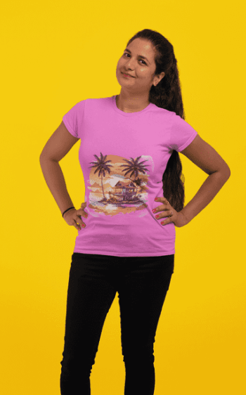 Tropical Sunset Beach Tee – Pink(Size-L)