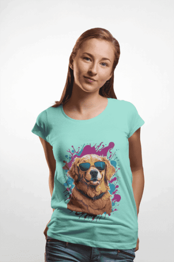 Cool Golden Retriever Splash Art Aqua Blue T-Shirt (Size-L)