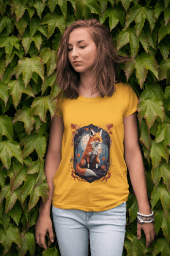 Mystical Fox Forest Art Mustard Yellow T-Shirt (Size-L)
