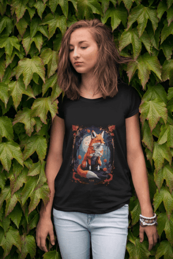 Mystical Fox Forest Art Black T-Shirt (Size-L)