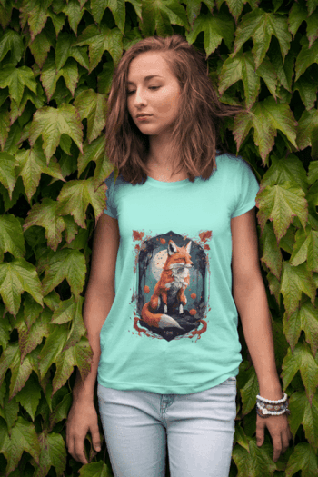 Mystical Fox Forest Art Aqua Blue T-Shirt (Size-L)