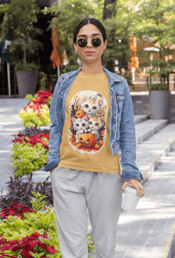 Cute Halloween Kittens Graphic T-Shirt – Mustard Yellow(Size-L)