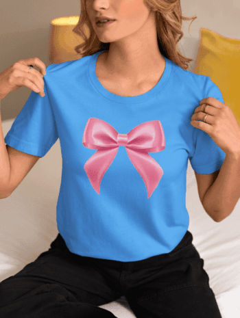 Sky Blue T-Shirt with Pink Bow Print (Size-L)