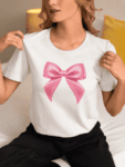 Cute Pink Bow Graphic T-Shirt-White for Women (Size-XXL)
