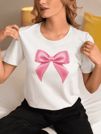 Cute Pink Bow Graphic T-Shirt-White for Women (Size-L)