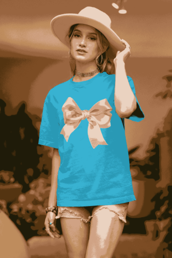 Boho Vibe Sky Blue Tee with Pink Satin Bow Print (SIZE-L)