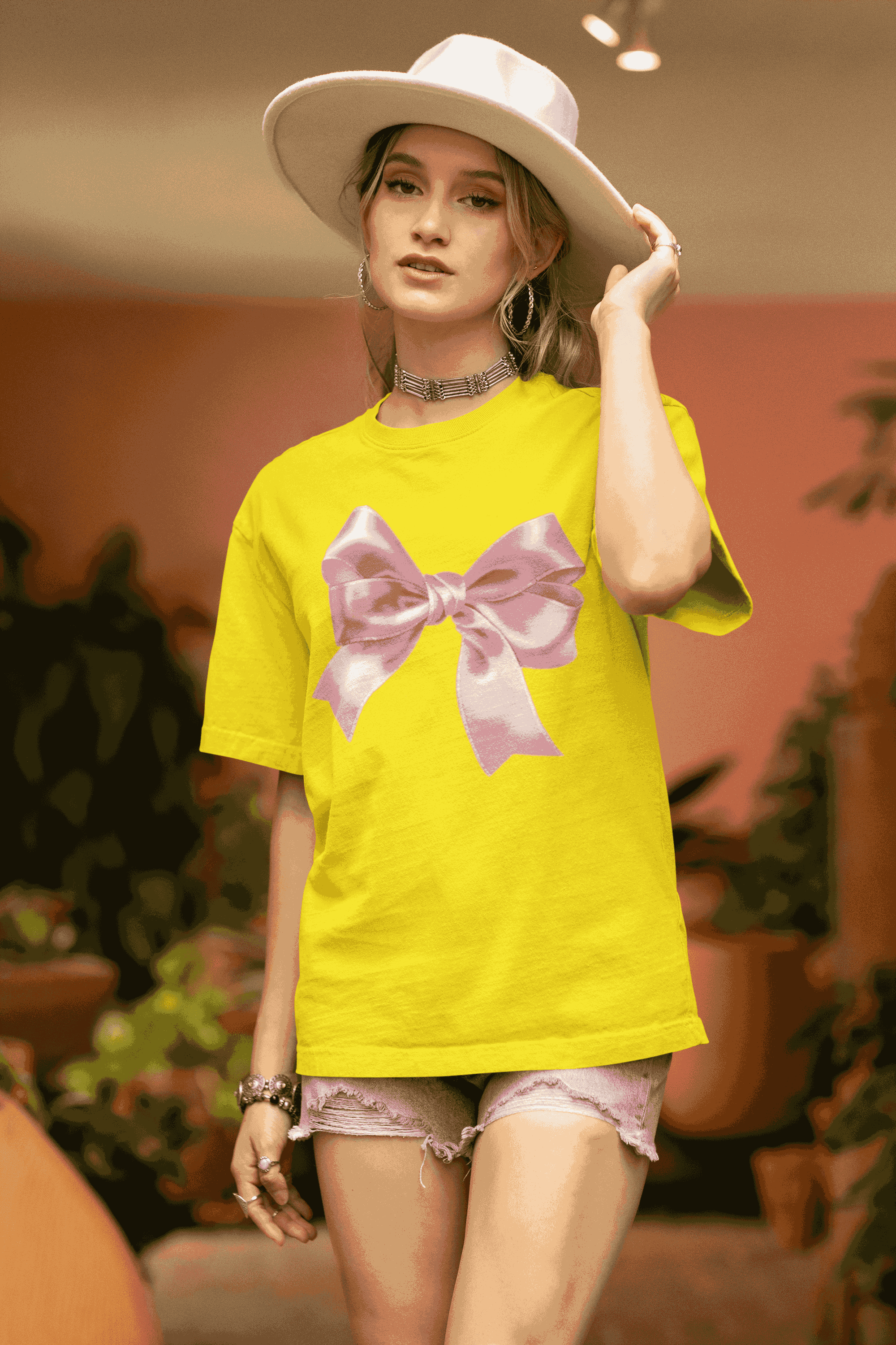 Bright Yellow Tee with Pastel Pink Bow Print – Boho Street Style (SIZE-XXL)