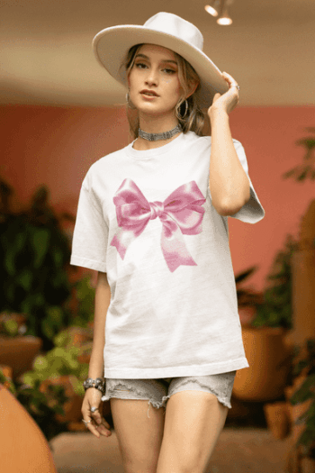 Chic Pink Bow T-Shirt – Soft White (Size-L)
