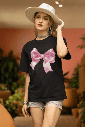 Pink Satin Bow Aesthetic T-Shirt – Midnight Black (Size-L)